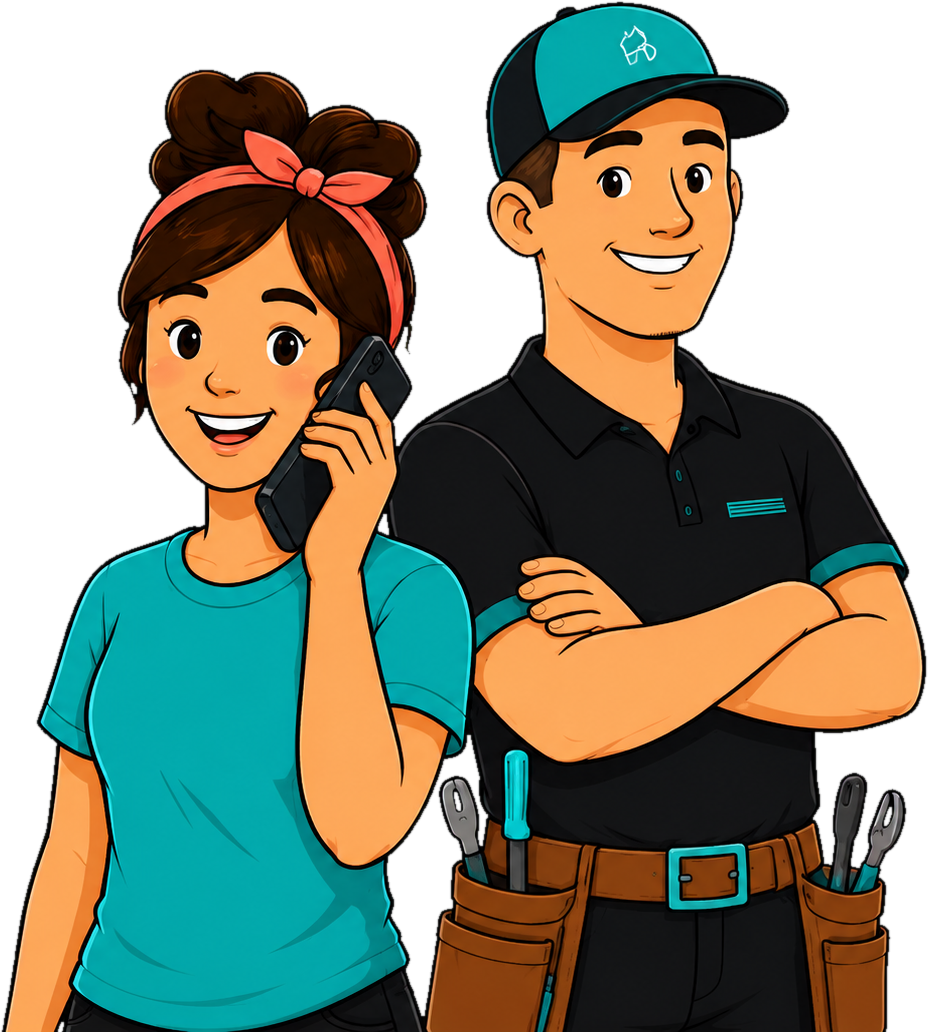 The Send My Brother siblings — sister on the phone and brother ready to work